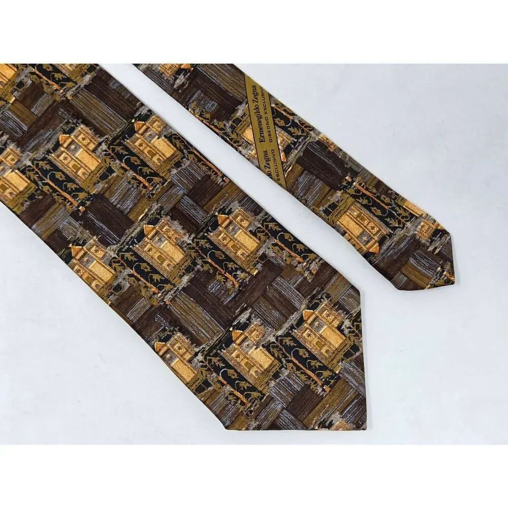 ERMENEGILDO ZEGNA EXCLUSIVE DESIGN SILK TIE GOLD BROWN ABSTRACT SATIN 4" X 59"